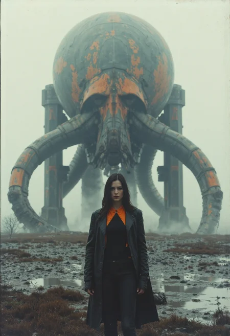 analogstyle, A grainy, black and white photograph, its edges blurred by the swirling mist and the passage of time, captures a young woman standing defiantly before a colossal mechanical monstrosity. Her dark hair, straight and sharp against her pale face, frames a gaze of steely determination. She is dwarfed by the towering form of the creature, its rusty orange and black metal body a grotesque parody of an octopus, its menacing tentacles reaching out like the arms of a malevolent god. The woman's sleek, black tactical suit, a second skin against the harsh elements, offers a stark contrast to the creature's rough, industrial form. A splash of color comes from the vibrant orange lining of her oversized jacket, a defiant flicker of life in a desolate world. The landscape around them is shrouded in mist, a barren expanse of mud and stagnant water reflecting the oppressive gray sky. The mechanical creature casts a long, menacing shadow, symbolizing the threat that looms over this post-apocalyptic world.