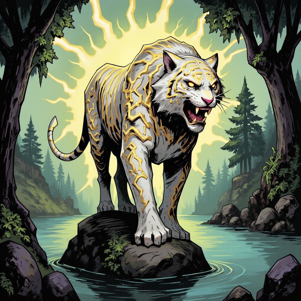 inked comic illustration in TTCSV1.0 artstyle that a majestic white tiger, surrounded by the aura of lightning, the tiger is covered with golden glowing tattoos he is standing on te rock in the middle of the forest with lake in the background. The tiger is roaring in viewer direction and in the background there are multiple lightning strikes.