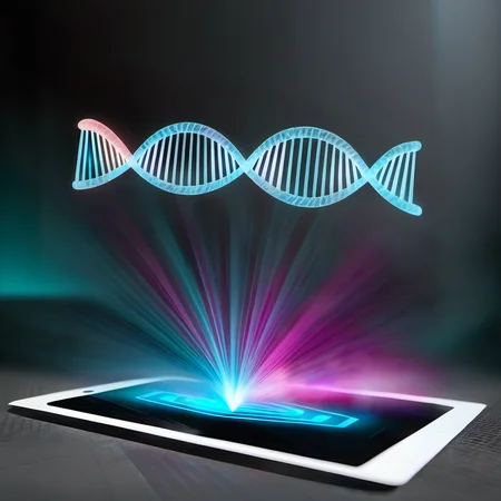 hologrameffect, a tablet with a glowing image of a dna <lora:hologram_effect:1>,