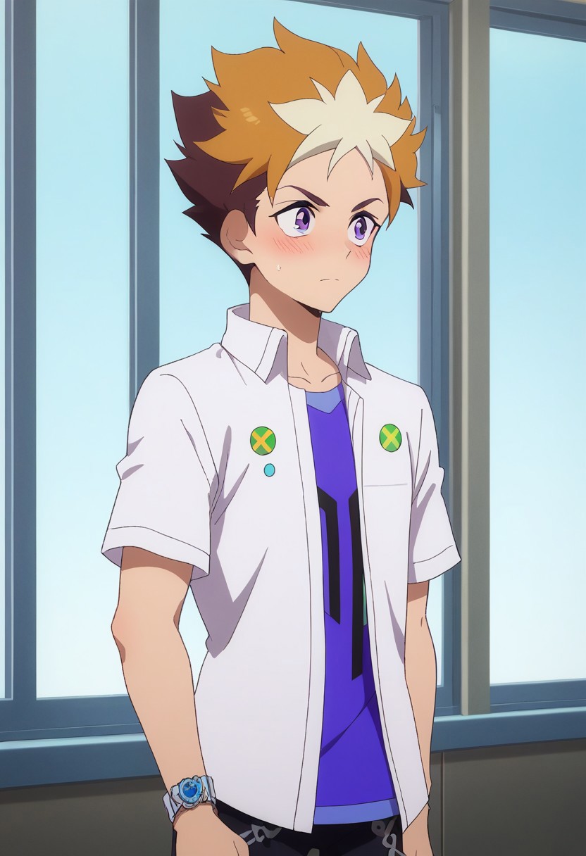 score_9, score_8_up, score_7_up, source_anime, highly detailed, 
subaru, 1boy, male focus, solo, shirt, purple eyes, pants, brown hair, multicolored hair, black pants, blue shirt, orange hair, two-tone hair, spiked hair, purple shirt, short sleeves, short hair, standing, upper body, 
indoor, window, blush, embarassed, parody,