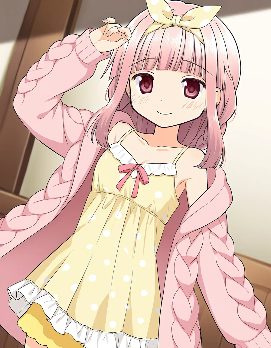 masterpiece, best quality, newest, absurdres, highres, safe, 1girl, tamaki iroha \(roomwear costume\), magia record: mahou shoujo madoka magica gaiden, nightgown, yellow shorts, pink coat, solo, indoors, dutch angle, <lora:tamaki_iroha_noobaiXLNAIXL_vPred10Version:0.7>