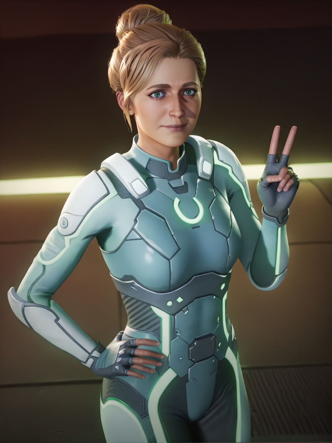 score_9, score_8_up, score_7_up,,
1girl, dynamic pose, dynamic angle, one hand on hips, leaning forward, light smile, cowboy shot, dutch angle, medium breasts, v, from side, looking at viewer, 
<lora:AZoeSplitFiction_character:1>, ZoeXL, blonde hair, hair bun, green eyes, neon trim, bodysuit, fingerless gloves, armor, realistic, screencap,