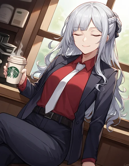 score_9, score_8_up, score_7_up, source_anime, <lora:girlsfrontline-ak-12-ponyxl-lora-nochekaiser:1>, ak-12, ak-12 (girl's frontline), closed eyes, grey hair, long hair, bangs, pale skin, straight hair, curly hair, braid, french braid, sidelocks,, belt, black jacket, black pants, business suit, formal, jacket, long sleeves, necktie, pants, red shirt, shirt, suit, white necktie,, cafe, coffee cup, barista, sitting down, talking, relaxing, sunlight through window, , smile, looking at viewer, solo,, dutch angle, cowboy shot