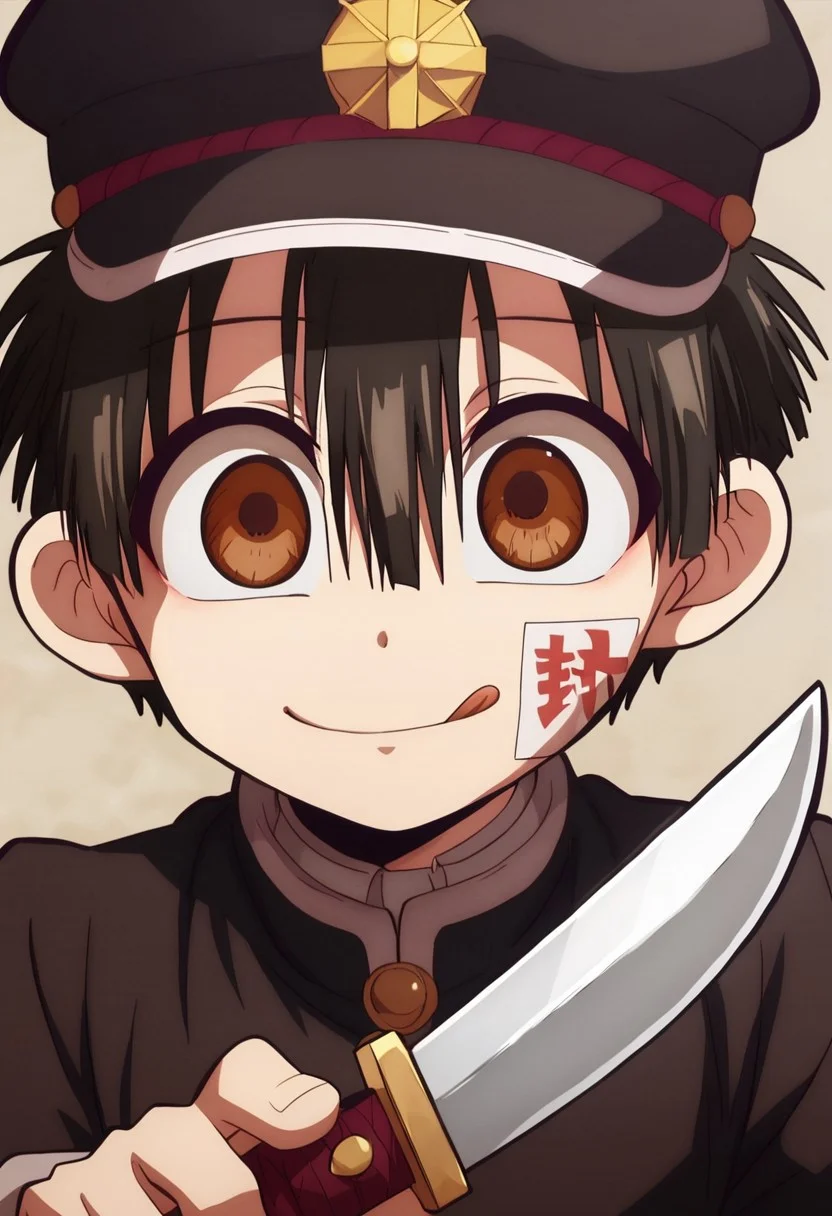 Masterpiece, 1boy, solo, cute boy, hanako-kun, black hair, brown eyes, short hair, hair between eyes, bangs, hat, ofuda, mischievous smile, holding a knife, tongue out,