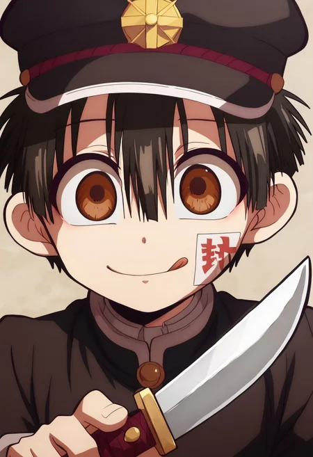 Masterpiece, 1boy, solo, cute boy, hanako-kun, black hair, brown eyes, short hair, hair between eyes, bangs, hat, ofuda, mischievous smile, holding a knife, tongue out,