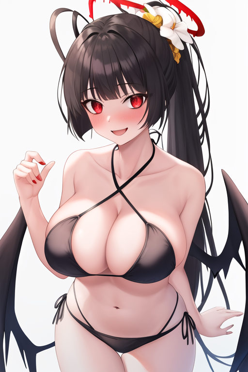 masterpiece, best quality, highres, solo, {tsurugi_bluearchive:1.10}, bangs, black_hair, long_hair, red_eyes, halo, breasts, blush, very_long_hair, wings, large_breasts, blunt_bangs, cleavage, smile, hair_ornament, hair_flower, 1girl, bikini, black_bikini, flower, halterneck, looking_at_viewer, ponytail, swimsuit, criss-cross_halter, open_mouth, simple_background, white_background, navel, collarbone