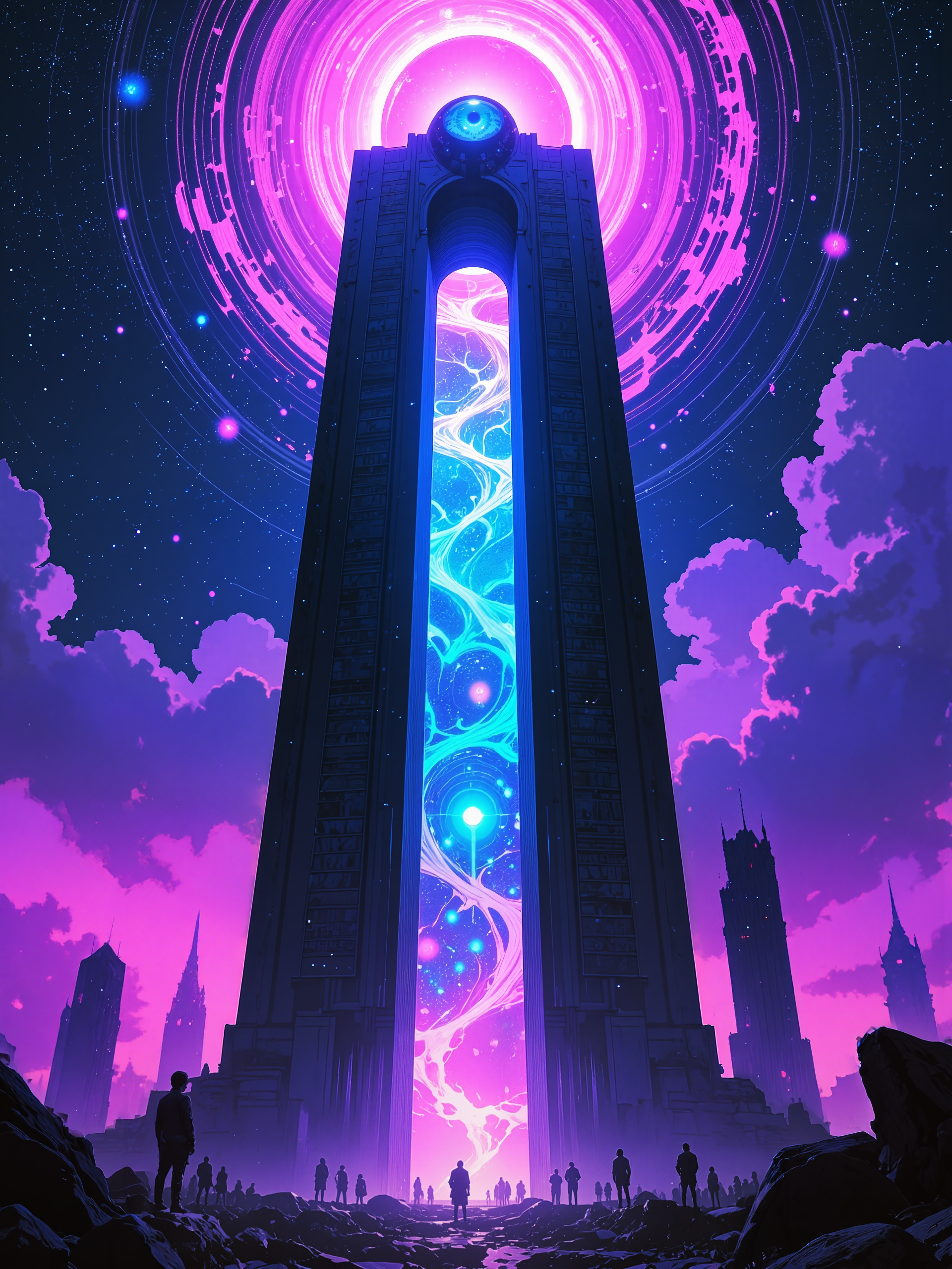 famous artwork, award-winning, highly aesthetic, high resolution, hyper-realistic, photo-realistic, ultra detailed, uhd, 8k, 4k, dramatic, epic, accurate, symmetrical composition, at night, dim lighting, the tower of cosmic nihility, the farseeing eye that reveals, we may wander, lost in its light, the cosmic horror empowers me, an escape from my need to believe, i stare into the vast cold void to conquer, cryptic inscriptions, lurking dread, flickering torches, ancient ruins, death eater, cold light, color gradients, neon hues, lovecraftian, cthulhu mythos, ovg, g0thicl1nes, r3alisticf, obxiaoxiang, <lora:style-mythic_fantasy-gothic_lines-flux-by_velvets:0.76> <lora:style-mythic_fantasy-realistic-flux-by_velvets:0.6> <lora:style-retro_anime-flux-by_lizardman245:0.52> <lora:style-ob_semirealistic_portrait-v2-flux-by_1jiliguala1:0.24>
