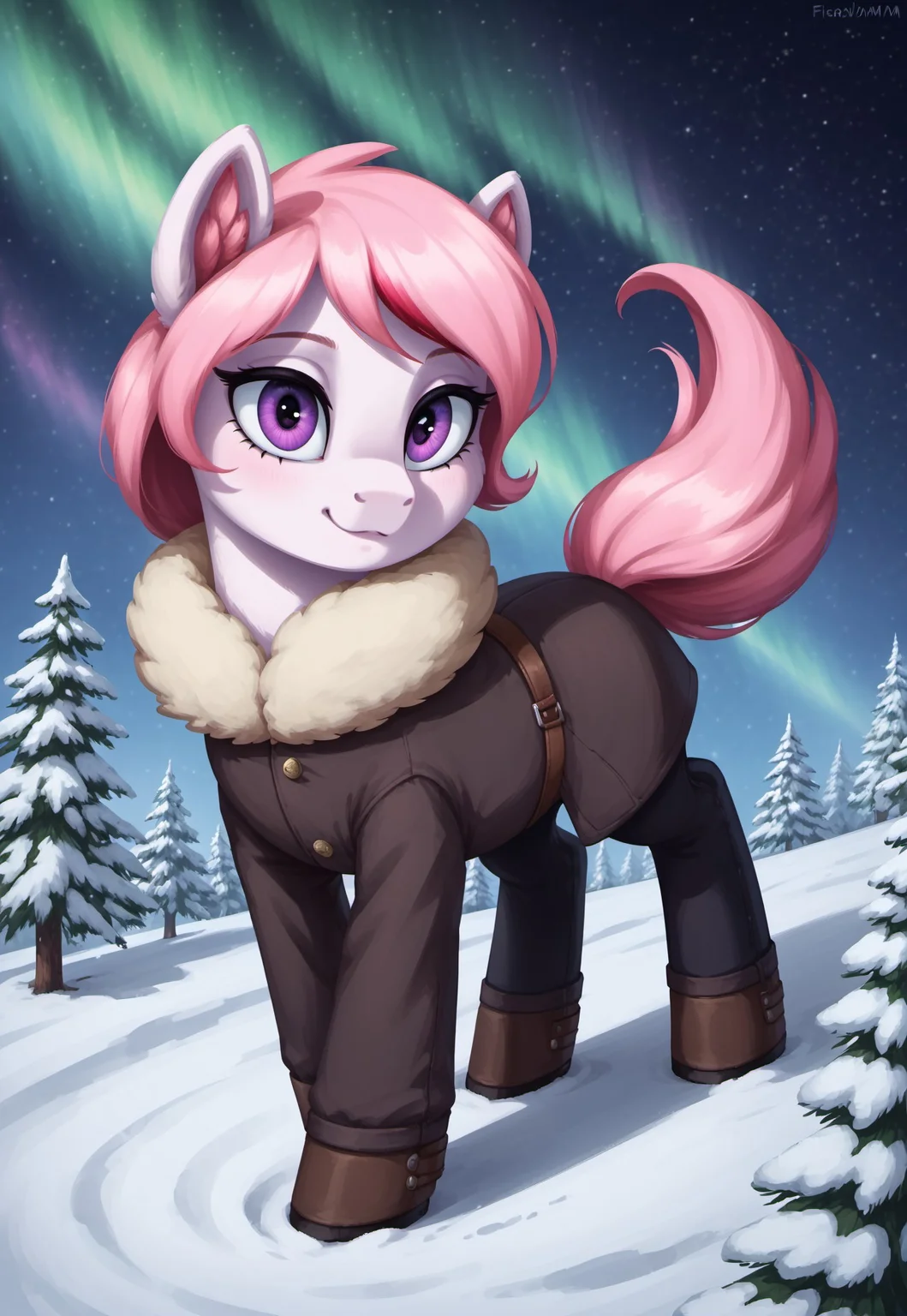 score_9_up, score_8_up, score_7_up, score_6_up, (best quality:1.1), ultra-detailed, high resolution, solo, Fiana_II, pony, mlp, feral, thin eyebrows, purple eyes, long eyelashes, mare, female, pony ears, pink fluff in ears, pale pink fur, short pink mane with red gradient tip, dressed in a dark winter coat, standing on a frozen tundra, icy wind blowing through her mane, (cute expression, cute face:1.2), :>, (looking at viewer:1.4) BREAK Northern landscape with snow-covered pine trees in the background, dramatic sky with aurora borealis, cinematic focus, dynamic pose full body BREAK Highly Visible, sharp focus, perfect lighting, anatomically correct, extremely detailed, high detail, Expressiveh, detailed background