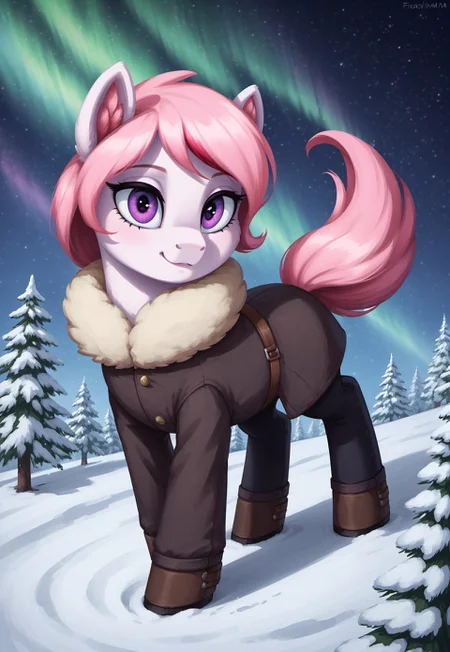 score_9_up, score_8_up, score_7_up, score_6_up, (best quality:1.1), ultra-detailed, high resolution, solo, Fiana_II, pony, mlp, feral, thin eyebrows, purple eyes, long eyelashes, mare, female, pony ears, pink fluff in ears, pale pink fur, short pink mane with red gradient tip, dressed in a dark winter coat, standing on a frozen tundra, icy wind blowing through her mane, (cute expression, cute face:1.2), :>, (looking at viewer:1.4) BREAK Northern landscape with snow-covered pine trees in the background, dramatic sky with aurora borealis, cinematic focus, dynamic pose full body BREAK Highly Visible, sharp focus, perfect lighting, anatomically correct, extremely detailed, high detail, Expressiveh, detailed background