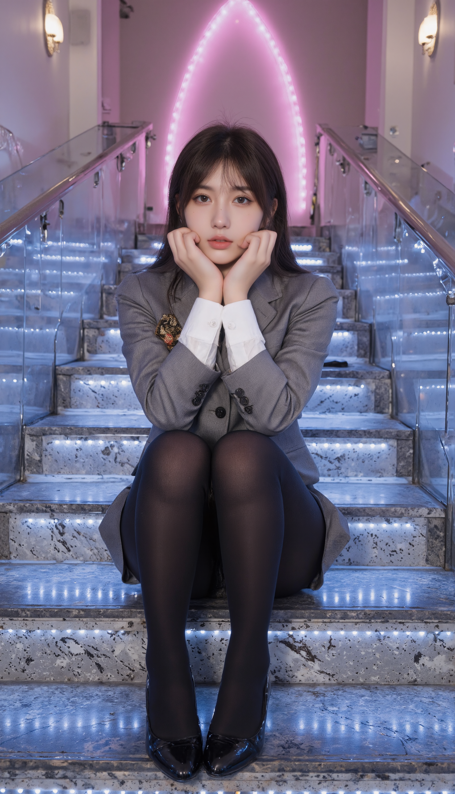 This is a high definition and detailed professional portrait photograph featuring a tan woman with light complexion in a pose. She squats with her elbows resting on her knees, hands gently touching her cheeks. She is wearing SGWN25clothing, a formal gray school uniform with black stockings. The woman has natural makeup, sun-kissed glow, and natural tones. She has black layered hair styled with bangs.  The background is of a grand staircase with blue and white LED lights illuminating each step. The staircase should have sleek, reflective surfaces that catch the glow of the LEDs, adding to the overall brilliance. In the background, place a towering pink LED triangle arch, radiating a captivating and futuristic glow. The scene should feel modern, visually striking, and evoke a sense of grandeur and theatrical elegance.<lora:flux\fxyifu\SGWN25clothing_v1_000003000.safetensors:0.85:0.85> <lora:flux\fxchara\majicbeauty1.safetensors:0.73:0.73>