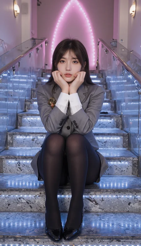 This is a high definition and detailed professional portrait photograph featuring a tan woman with light complexion in a pose. She squats with her elbows resting on her knees, hands gently touching her cheeks. She is wearing SGWN25clothing, a formal gray school uniform with black stockings. The woman has natural makeup, sun-kissed glow, and natural tones. She has black layered hair styled with bangs. The background is of a grand staircase with blue and white LED lights illuminating each step. The staircase should have sleek, reflective surfaces that catch the glow of the LEDs, adding to the overall brilliance. In the background, place a towering pink LED triangle arch, radiating a captivating and futuristic glow. The scene should feel modern, visually striking, and evoke a sense of grandeur and theatrical elegance.<lora:flux\fxyifu\SGWN25clothing_v1_000003000.safetensors:0.85:0.85> <lora:flux\fxchara\majicbeauty1.safetensors:0.73:0.73>
