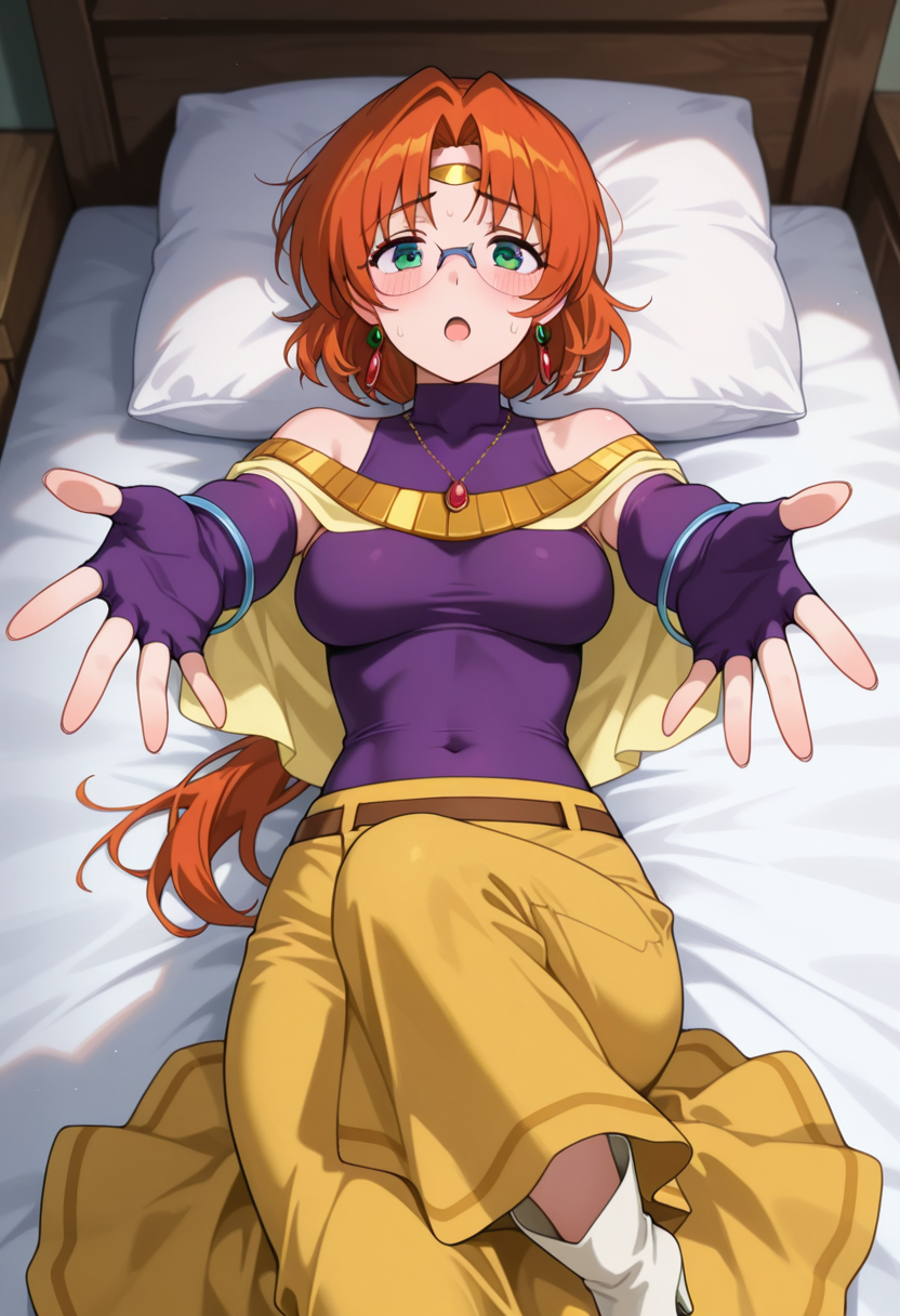 masterpiece, best quality, amazing quality, absurdres, 1girl, solo, ailaww, mature female, green eyes, orange hair, long hair, low ponytail, glasses, rimless eyewear, medium breasts, circlet, yellow capelet, purple turtleneck shirt, sleeveless, covered collarbone, bare shoulders, purple elbow gloves, fingerless gloves, covered navel, yellow long skirt, white boots, high heels, jewelry, earrings, necklace, bracelet, <lora:Aila_Mahou_Senshi_Louie_ill_v12:0.9>, looking at viewer, lying, on back, reaching out, outstretched arms, looking at viewer, pov, blush, open mouth, sweat, pillow, bed, bed sheet, skindentation, detailed clothing folds, depth of field, sharp, high contrast, dynamic light