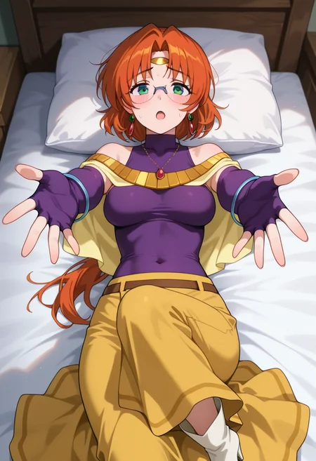 masterpiece, best quality, amazing quality, absurdres, 1girl, solo, ailaww, mature female, green eyes, orange hair, long hair, low ponytail, glasses, rimless eyewear, medium breasts, circlet, yellow capelet, purple turtleneck shirt, sleeveless, covered collarbone, bare shoulders, purple elbow gloves, fingerless gloves, covered navel, yellow long skirt, white boots, high heels, jewelry, earrings, necklace, bracelet, <lora:Aila_Mahou_Senshi_Louie_ill_v12:0.9>, looking at viewer, lying, on back, reaching out, outstretched arms, looking at viewer, pov, blush, open mouth, sweat, pillow, bed, bed sheet, skindentation, detailed clothing folds, depth of field, sharp, high contrast, dynamic light