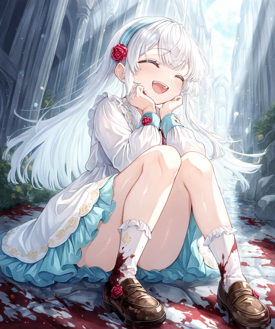 intricately detailed illustration, shiny skin, masterpiece, best quality, amazing quality, very aesthetic, newest, scenery, (volumetric lighting:1.1), full color, clear line, solo, <lora:nia_liston_v01:1>, nia_liston, long hair, white hair, bule eyes, white dress, blue underskirt, rose headband, white socks, shoes, blood splatter, laughing out loud, destroyer, <lora:LECO_BadHands:1.2>, <lora:LECO_GoodHands:-1.2>, <lora:cfg_scale_boost:0.7>