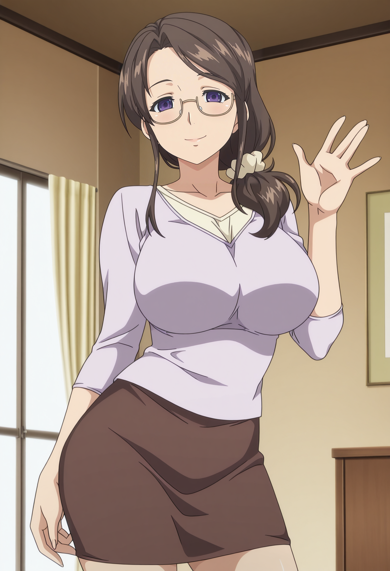 1girl,solo,mm,mature female,long hair,glasses,brown hair,purple eyes,large breasts,anime coloring,
shirt,skirt,contrapposto, waving, looking at viewer, smile,indoors
,masterpiece,best quality,amazing quality,<lora:Mamiya_Mifuyu_-_Kyonyuu_Kazoku_Saimin-IL:0.8>