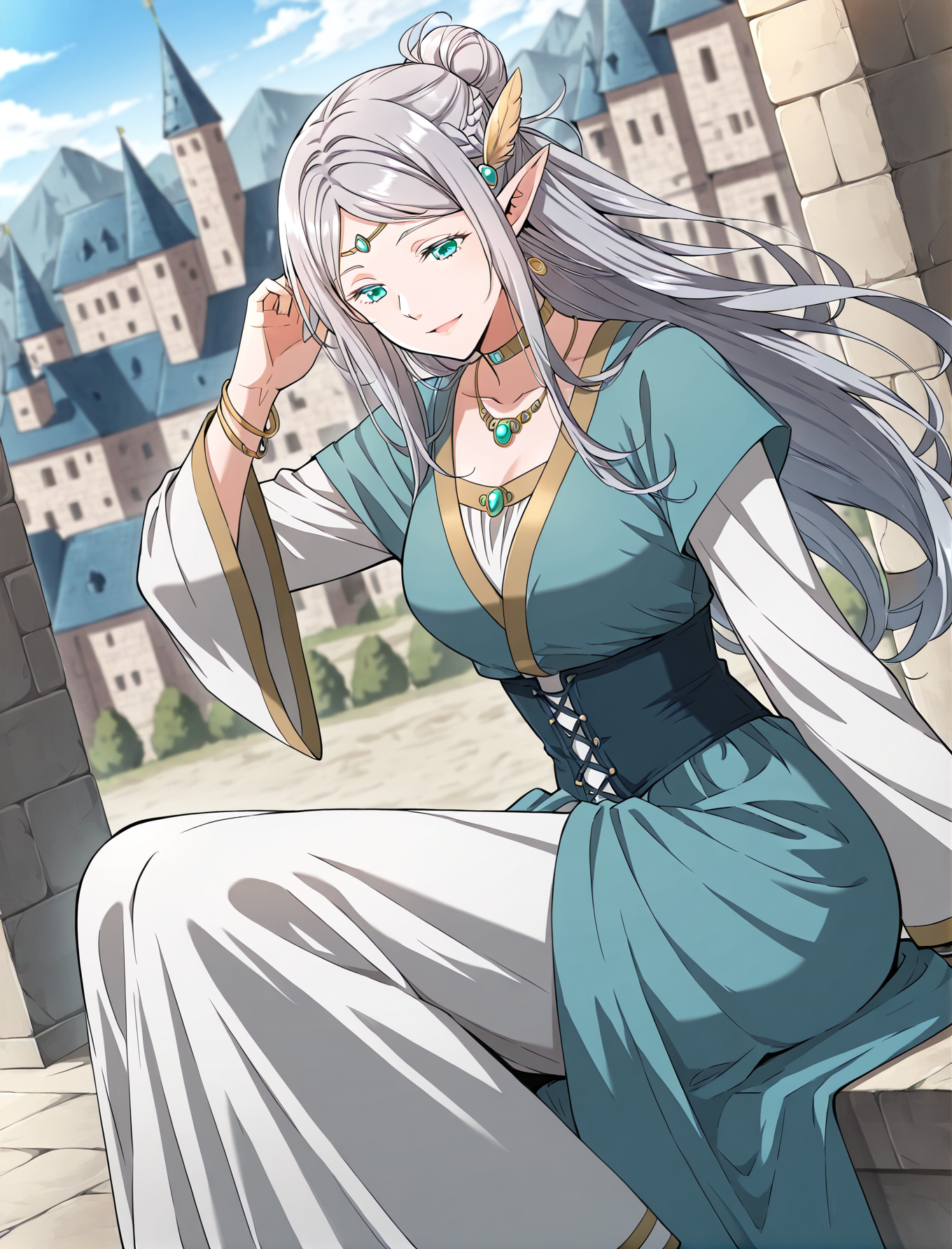 <lora:Merial_Eralith__The_Beginning_After_the_End__Illustrious:1>
1 girl, solo, elf, pointy ears, aqua eyes long hair, grey hair, ponytail, braid, single hair bun, 
dress, long sleeves, wide sleeves, hair ornament, circlet, jewelry, earrings, necklace, choker, head wings,
score_9, score_8_up, score_7_up, very aesthetic, source_anime, detailed, high quality, beautiful, masterpiece, detailed eyes, castle, village, blurry background, cityscape, pose dynamic angle, light smile, open mouth, hand on hair, sitting
