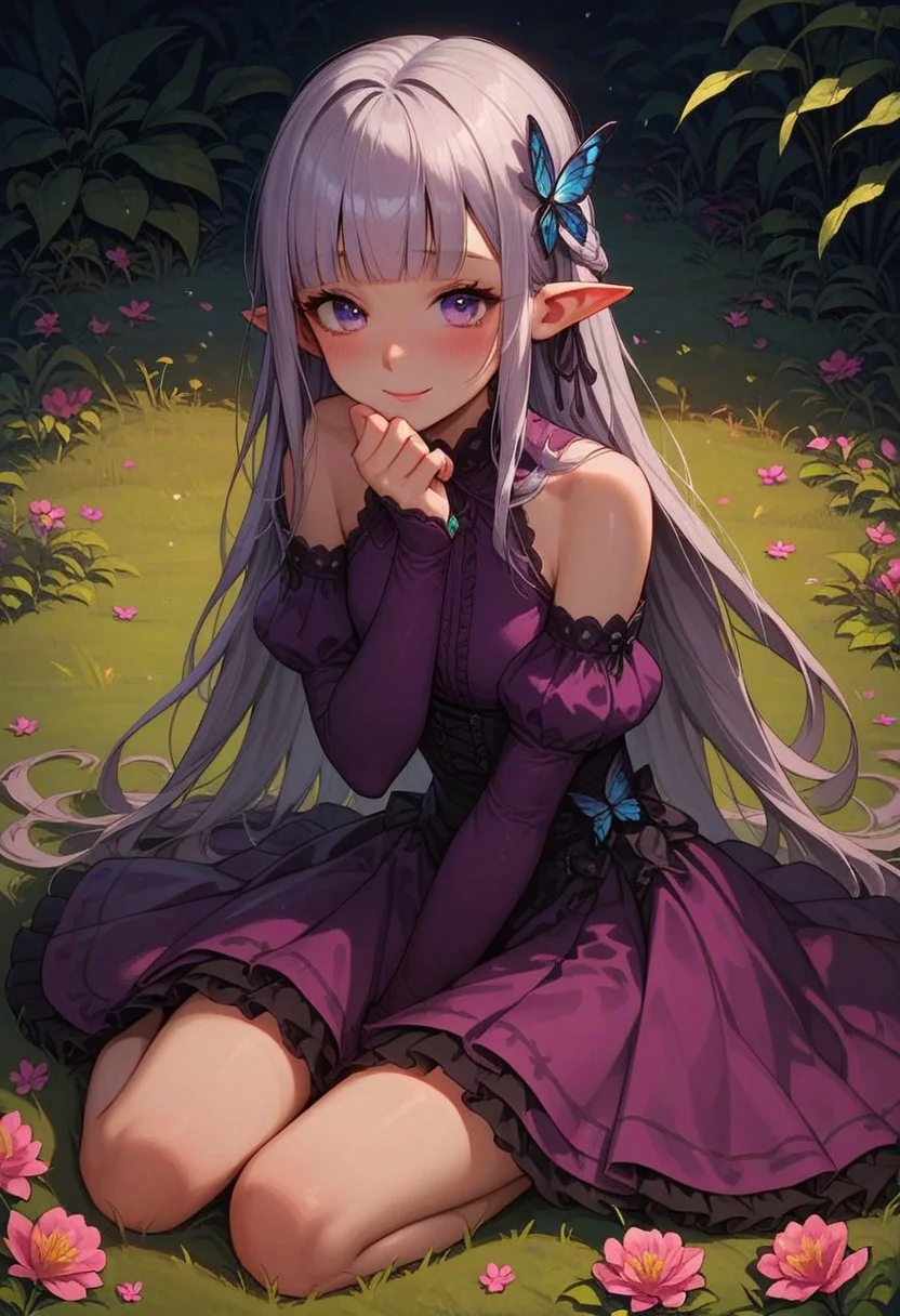 score_9, score_8_up, score_7_up, score_6_up,
1girl, 25 years old, perfect face, cute, petite,
purple eyes,
grey hair, long hair, butterfly hair ornament, hair ribbon, blunt bangs,
pointy ears,
green gemstone,
purple dress, bare shoulders, purple sleeves,
lace dress, frilled dress,
wariza, sitting, on grass, flowers,
blush, shy smile,
green garden,
