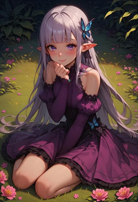score_9, score_8_up, score_7_up, score_6_up,
1girl, 25 years old, perfect face, cute, petite,
purple eyes,
grey hair, long hair, butterfly hair ornament, hair ribbon, blunt bangs,
pointy ears,
green gemstone,
purple dress, bare shoulders, purple sleeves,
lace dress, frilled dress,
wariza, sitting, on grass, flowers,
blush, shy smile,
green garden,