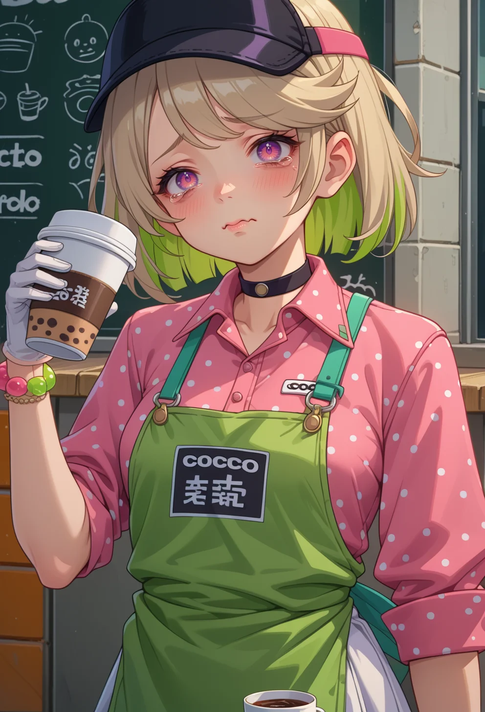 score_9, score_7_up, source_anime, BREAK solo, <lora:AECoco:0.7> AECoco, pink eyes, purple eyes, multicolored hair, blonde hair, green hair, swept bangs, bags under eyes, visor cap, black headwear, black choker, collared shirt, polka dot, apron, bracelet, white gloves, white skirt,
(holding disposable cup:1.5), tearing up, wavy mouth, nervous, hands up,