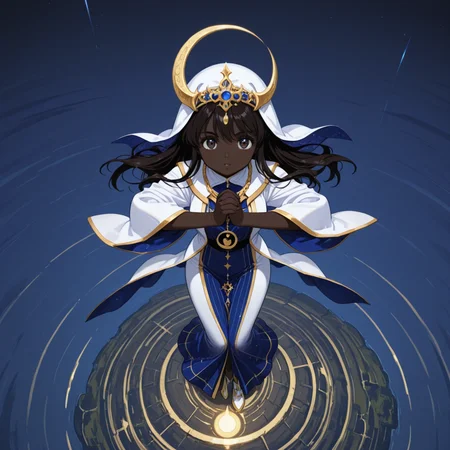 1girl, very dark skin, very dark-skinned female,
Celestial Priestess Outfit â Flowing navy and white robes with a crescent moon crown. (Pose: hands clasped in prayer; from above; Setting: temple on floating island.)
<lora:DarkfireWeeb4:1>
