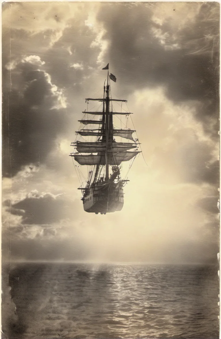 A (sky ship) sails through the clouds, sun, cinematic, dramatic lighting