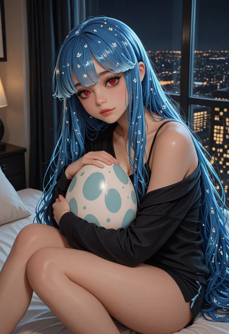ultra-detailed,masterpiece, best quality, good quality, 8k,beautiful eyes, detailed eyes, detailed face,
BREAK
hlbao, liquid hair, very long hair, bangs, blue hair, red eyes, pajamas,
BREAK
Curled up in bed hugging a large blue egg, incubation,
BREAK
Modern Bedroom, Large window showing a cityscape at night, dark theme,
BREAK
artist:moriimee, <lora:MoriiMee_Gothic_Niji_Style_Illustrious_r1:0.6>, <lora:PowerPuffMixLora:0.5>,
BREAK