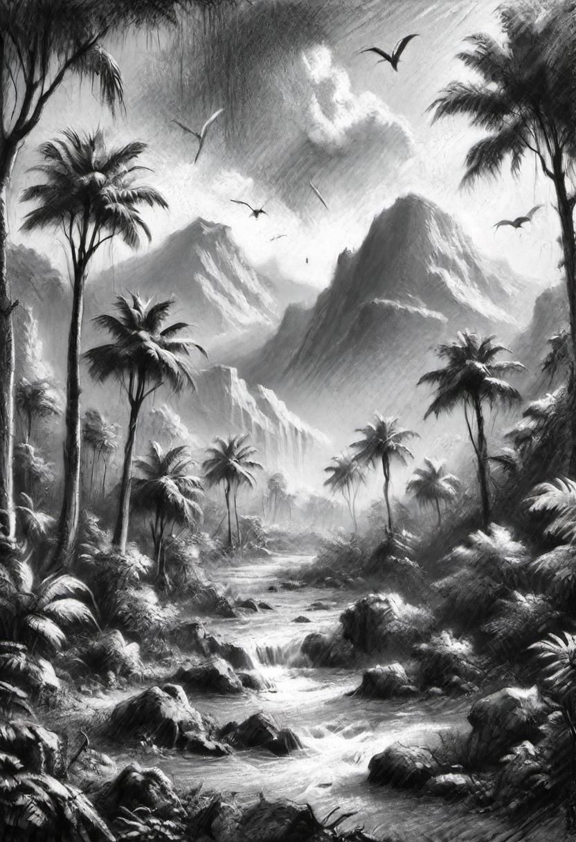(masterpiece), 
A jurassic park landscape, 
Black and white tones,
HDR, highly detailed, 32k, 
looking at viewer,