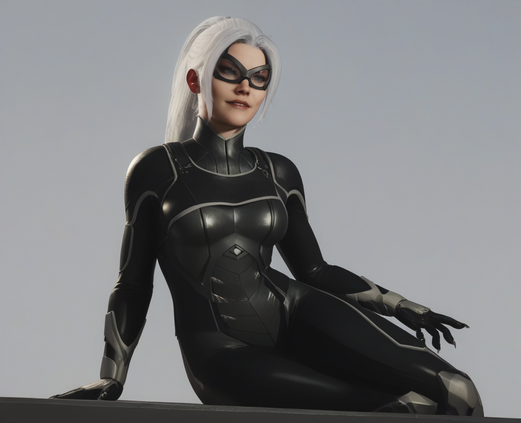 score_9,score_8_up,score_7_up,score_6_up, 3d, realistic, <lora:Black_Cat_ps4ps5_Pony-000007:0.8> , blackcat, 1girl, long hair, gloves, ponytail, white hair, bodysuit, black bodysuit, domino mask,