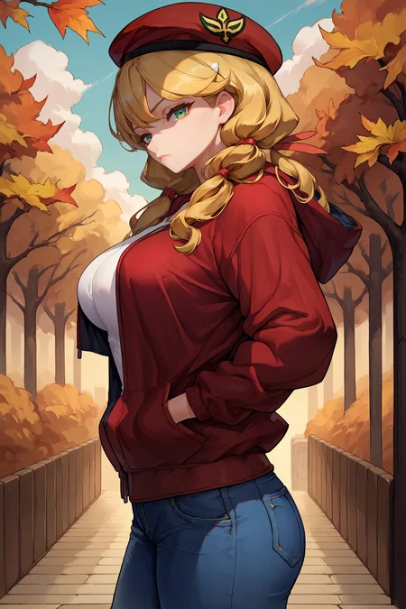 score_9, score_8_up, score_7_up, score_6_up, source_anime, 1girl, solo, <lora:oldrinzevon-pdxl-nvwls-v1-000005:1> oldrin, blonde hair, low twintails, green eyes, red ribbon, red beret, red hoodie, jeans, hands in pockets, autumn, looking at viewer, big breasts, from side, tired, grey sky,