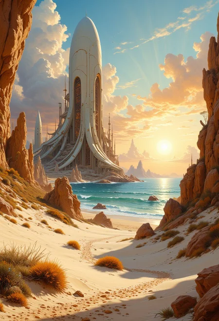masterpiece, style of Guillaume Seignac fantasy beautifully rendered oil painting of a low angle looking up at a ruined, ancient fantasy temple city with multiple groupings of buildings spread out and rising above a desert of sparkling white sand with glowing grains of amber in the air and on the wind, featuring white alabaster stone rounded towers, ovoid skyscrapers, grand archways, refineries and pipes, sparse ivy and vines clinging to the structures, atmospherics, beautiful lighting coming from a rising run on the horizon casting the landscape in beautiful golden light with areas of light and shadow at dawn during golden hour
