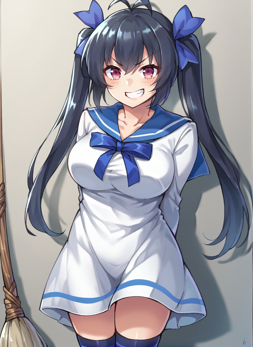 score_9, score_7_up, score_6_up, source_anime, 1girl, solo, hakobenaru, pink eyes, large breasts, sailor dress, blue sailor collar, long sleeves, hair ribbon, ribbon, striped socks, arms behind back, cowboy shot, leaning against wall, clubroom, indoors, grin, v-shaped eyebrows, <lora:naru_SDXL-09:1>,