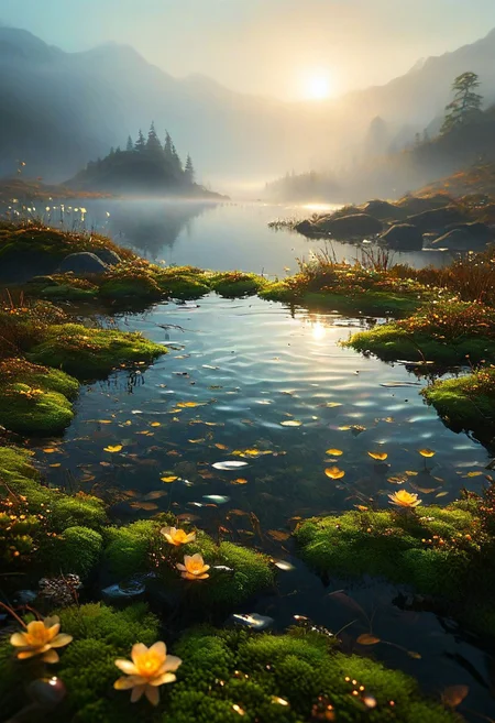 stained glass style reclines upon a moss covered islet, surrounded by a halo of soft luminescence that seeps from the wispy tendrils of fog curling around. the surface of a glassy lake, where ripples of gold and copper disturb the otherwise perfect reflection of the mist shrouded peaks rising in the distance. a scattering of moon petaled flowers floats to the surface, releasing their sweet fragrance into the still air, while a office of silver tailed fish weave through the depths, their gentle splashing creating a soothing melody that seems to harmonize with the dreamer's very breath. . vibrant, beautiful, translucent, intricate, detailed
many details, extreme detailed, full of details,
Wide range of colors., Dramatic,Dynamic,Cinematic,Sharp details
Insane quality. Insane resolution. Insane details. Masterpiece. 32k resolution.
