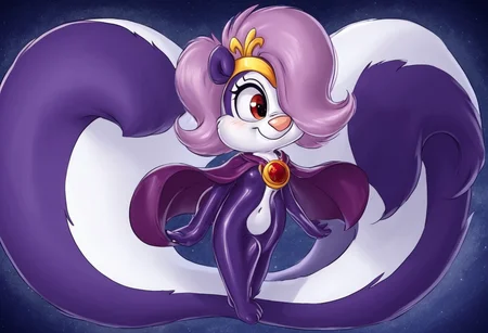 1girl, Latex, cute, fifi la fume, red eyes, anthro, skunk,  long cape, golden tiara, big tail, hair over one eye, alicorn amulet,  Nightmare dark night background