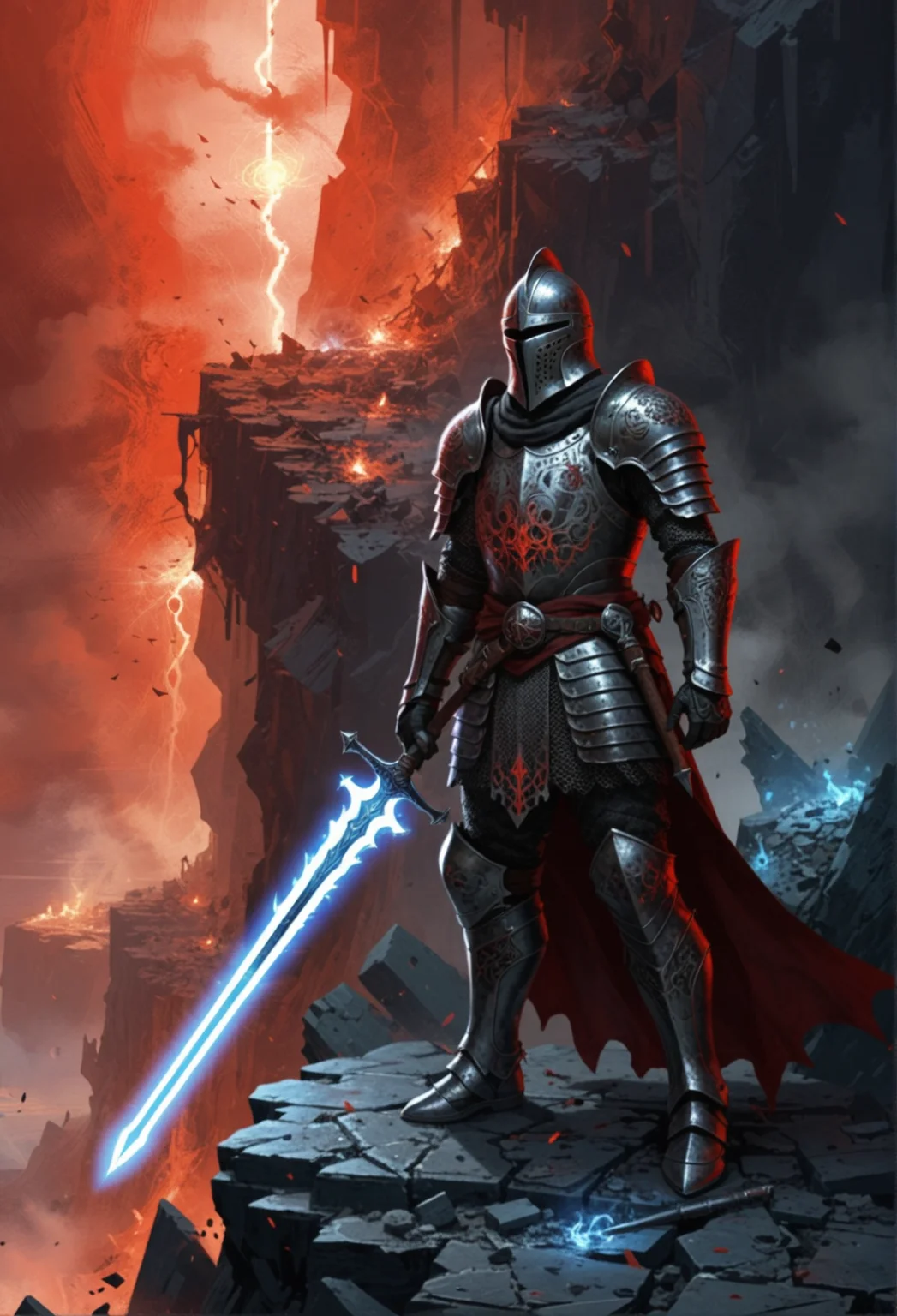 fantasy illustration of a knight in full armor, wielding a huge glowing greatsword made of luminescent matter, iridescent blade covered in the photonic remains of slain nightmares, the knight's black armor is intricately detailed and covered in occult symbols, his pauldrons are large ethereal mirrors. He is standing at the edge of a cliff overlooking a surreal landscape made of fragments of forgotten dreams and fractures of reality. Red mist permeates the air and the light is ominously fateful, dynamic and dramatic