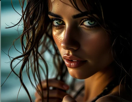 . A cinematic close-up of a womanâs face framed by flowing strands of wet hair, the lighting is dramatic and high-contrast, revealing faint glowing reflections of light., <lora:bv-close-up-enhancer.safetensors:1.0:1.0>
