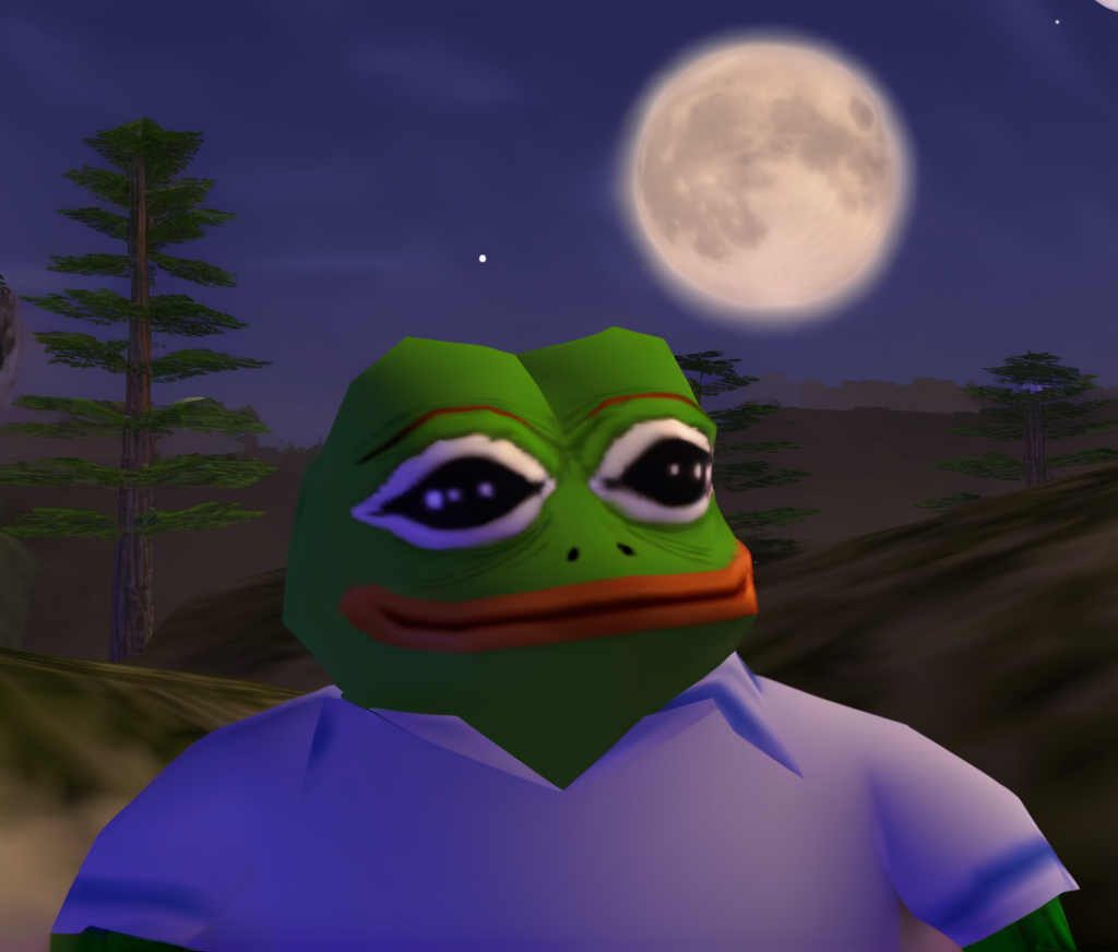 n64style, pepe_frog, blue shirt, portrait, 3d, low poly, n64, night sky, clouds, moon, forest, trees, dark lighting, majorasmask<lora:oot-xl-merge-final:1.2> <lora:pepe_frog SDXL:0.7>
