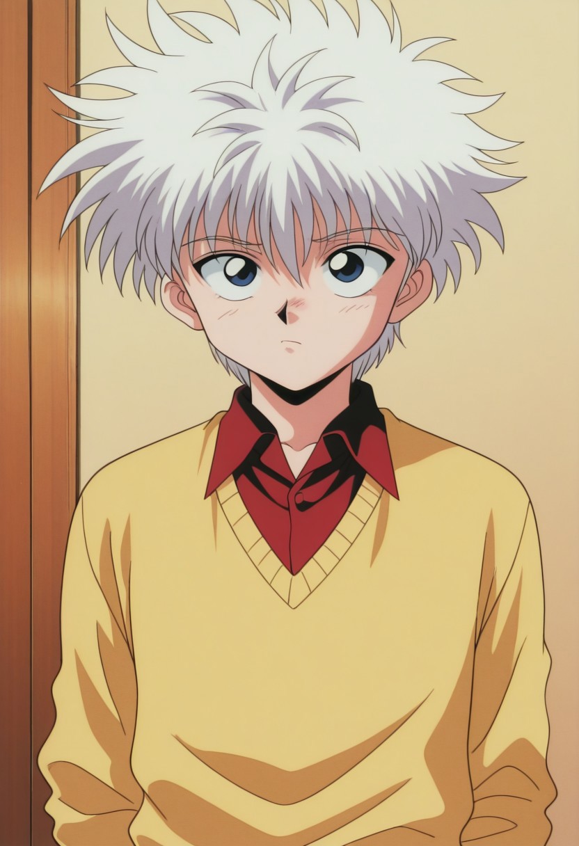 masterpiece,best quality,amazing quality, source_anime, retro_artstyle,
KiruaZorudikku,1boy, male focus, solo, blue eyes, white hair, shirt, red shirt, collared shirt, yellow sweater,