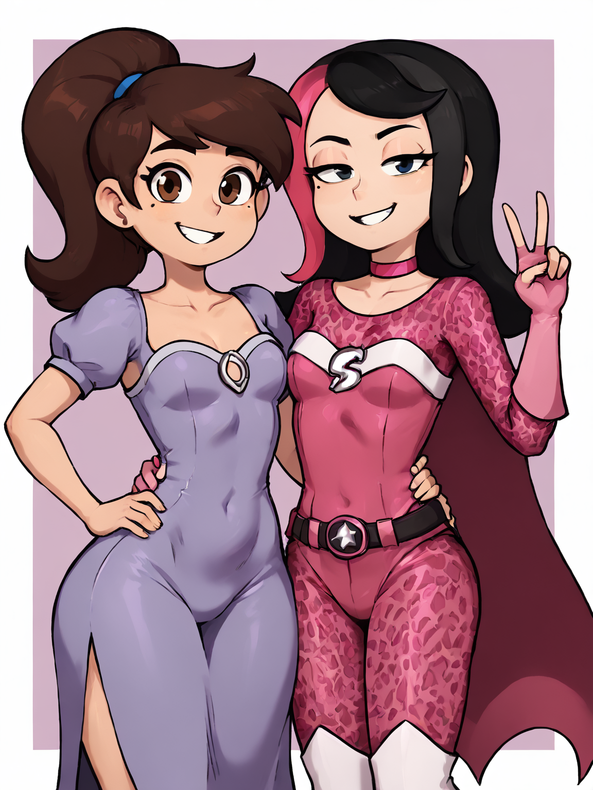 2girls <lora:marcoshezow:0.75>,mole under eye,looking looking at viewer, hand around waist,
BREAK 2girls, (marco diaz,dark-skinned male,brown eyes,puffy short sleeves, princess dress,purple dress,wide hips,brown hair,ponytail,smile,blush,hand on own hip, )
BREAK 2girls, (shezow,v, black hair,two-tone hair,pink costume,half-closed eyes,animal print,bodysuit,pink choker,pink skirt,cape,)