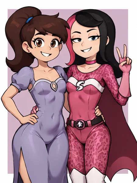 2girls <lora:marcoshezow:0.75>,mole under eye,looking looking at viewer, hand around waist,
BREAK 2girls, (marco diaz,dark-skinned male,brown eyes,puffy short sleeves, princess dress,purple dress,wide hips,brown hair,ponytail,smile,blush,hand on own hip, )
BREAK 2girls, (shezow,v, black hair,two-tone hair,pink costume,half-closed eyes,animal print,bodysuit,pink choker,pink skirt,cape,)