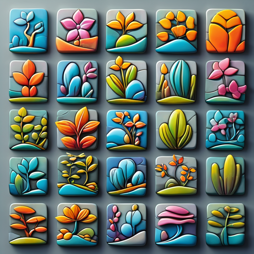 <lora:artfullyTILES_SDXL_V1:0.7>,icon collection arranged in a grid of a set of different colored,abstract colorful  orchids,landscapes set set,bright glazes,ceramic,decorative relief,iconographic motifs,icons set  isolated on grey background  c,in the style of tactile textured paintings,luminous 3d objects,opaque resin panels,organic stone carvings,rounded forms,surrealistic ceramic sculptures,tonal colors,vibrant color blocks,vibrant fantasy landscapes,hyper-detailed illustrations,colorful biomorphic forms,
