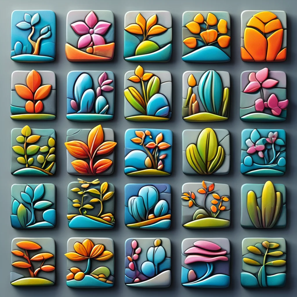 <lora:artfullyTILES_SDXL_V1:0.7>,icon collection arranged in a grid of a set of different colored,abstract colorful  orchids,landscapes set set,bright glazes,ceramic,decorative relief,iconographic motifs,icons set  isolated on grey background  c,in the style of tactile textured paintings,luminous 3d objects,opaque resin panels,organic stone carvings,rounded forms,surrealistic ceramic sculptures,tonal colors,vibrant color blocks,vibrant fantasy landscapes,hyper-detailed illustrations,colorful biomorphic forms,