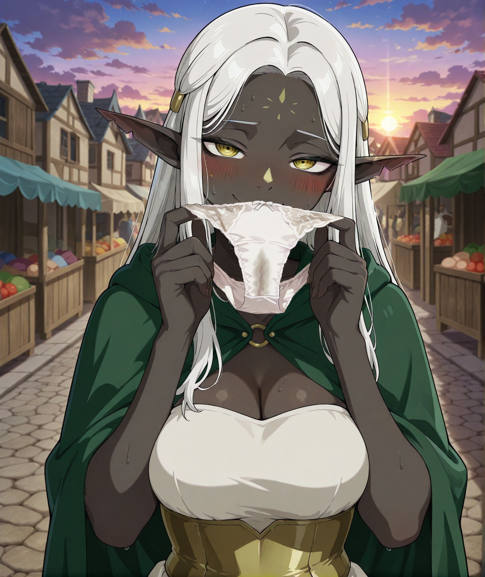 <lora:add-detail-xl:0.5>,,masterpiece, best quality, newest, absurdres, highres, detailed eyes, beautiful, detailed background, perfect eyes, anime coloring, anime screencap,
<lora:Holding_panties:0.5>Holding_pantiesV1,
1girl,solo,sweater,panties,underwear,holding,sexy panties, 
looking at viewer, upper body, blush, naughty face, smelling panties, 
(holding panties near face),sweat, steam, lace panties, 
, medieval, town, stone road, storefront, vendor stalls, market, sunset, clouds,
<lora:Cithis_Dungeon_Meshi_IL_V2:1>, KJOcithis, white hair, yellow eyes, forehead mark, nose mark, pointy ears, very dark-skinned female, long hair, forehead, notched ear, sidelocks, ringed eyes, black eyeliner, white dress, long white dress, gold corset, green cape, cape strap, sleeveless, strapless,
20YO, milf,adult,