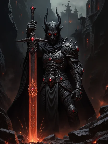 highly detailed classic painting, red sparks, fire and lava, dark, gothic, low angle view, looking up at a towering, fearsome faceless demon lord stands directly facing the viewer in front of a massive hellish gateway crafted in a demonic gothic architectural style, his wide, large horns curve upward, the demon holds a legendary, elegant, magic greatsword at an angle with one hand, the ornate, masterfully crafted greatsword is embedded with brilliant crimson glowing gemstones that seem to pulse with infernal energy, fiery sparks fly from where it touches the volcanic ground, the demon's piercing, crimson eyes are set onto the viewer with a burning intensity, his dark, twisted armor is forged from dark hellish metal, exuding black smoke, eldritch crimson engravings glow faintly across his armor, the look is completed by a dark windswept cape, in the background, the gothic hellgate looms, its dark, gothic arches and spires slightly blurred by black smoke, intricate carvings and faintly glowing runes dercorate the stone, gargoyles cling to its ledges, their eyes faintly glowing, while shadowy smoke and dim red lights seep through cracks in the stone, the scene is cast in dim, dramatic fiery lighting, red embers drift through the air, the image format is a low-angle, medium shot, that captures the immense size and imposing stature of the demon lord, with his greatsword held at an angle across his body, subtle shadows and smoky tendrils rise from the ground around his feet, as the faint light from lava flows on the ground casts faint reflections across the jagged rocks, and highlighting the intricate details of the demon's ornate armor, celestium style, vantablack, d4artstyle, d4concept, <lora:vantablack-v2-flux-by_tijuanaslumlord:1.0> <lora:style-diablo_iv_concept_art-v1.5-flux-by_chronoknight:0.36> <lora:style-dark_landscapes-flux-by_andreac75:0.6> <lora:style-celestium-v0.1-flux-by_sterlingangel:0.84>