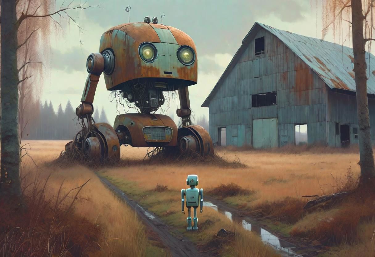 (((ultra high quality photo:1.8))) "vast overgrown field, extremely huge decrepit android, , aged and neglected appearance, advanced technology remnants, natural overgrowth, contrast between nature and forgotten futuristic elements"  a rusted car next to the robot, barn in the distance,   Simon Stlenhag Style, photo in phst artstyle, film photography style, light grain, medium grain, heavy grain
