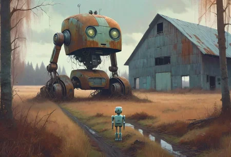(((ultra high quality photo:1.8))) "vast overgrown field, extremely huge decrepit android, , aged and neglected appearance, advanced technology remnants, natural overgrowth, contrast between nature and forgotten futuristic elements" a rusted car next to the robot, barn in the distance, Simon Stlenhag Style, photo in phst artstyle, film photography style, light grain, medium grain, heavy grain