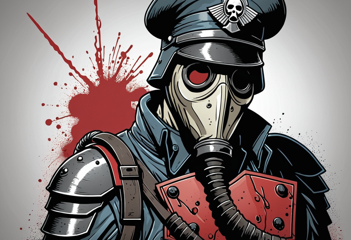 (Digital Illustration), Death Korps of Krieg Soldier, gas mask, bloody, portrait, dynamic composition, comic book \(style\), bold lines, focus on dramatic shading, red splashes, (lineart), linear, limited color palette, extremely detailed,
 <lora:Death-Korps-000007:1>