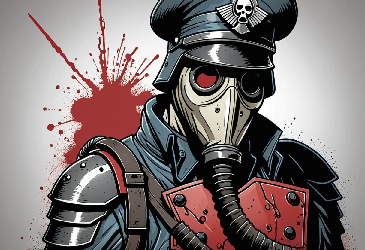 (Digital Illustration), Death Korps of Krieg Soldier, gas mask, bloody, portrait, dynamic composition, comic book \(style\), bold lines, focus on dramatic shading, red splashes, (lineart), linear, limited color palette, extremely detailed,
 <lora:Death-Korps-000007:1>