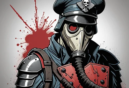 (Digital Illustration), Death Korps of Krieg Soldier, gas mask, bloody, portrait, dynamic composition, comic book \(style\), bold lines, focus on dramatic shading, red splashes, (lineart), linear, limited color palette, extremely detailed,
<lora:Death-Korps-000007:1>
