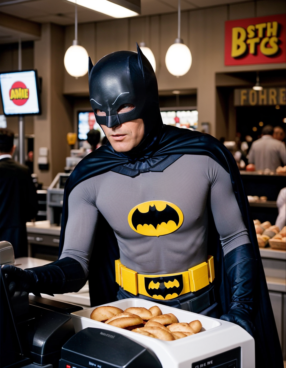 <lora:Batman:0.5> batman working at a fastfood restaurant , taking an order at a cash register