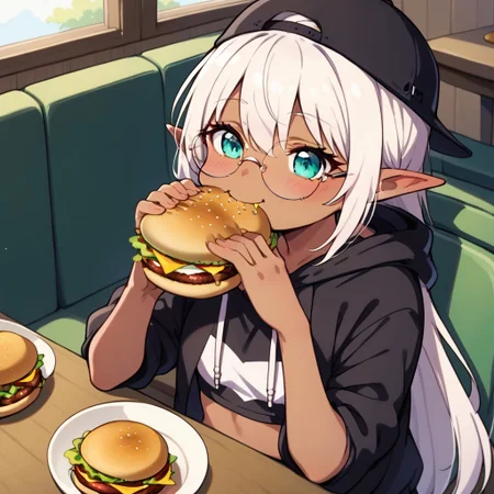 score_9, score_8_up, source_anime, highly detailed, alone, elf, 1girl, white hair, very long hair, teal eyes, round glasses, chibi, (dark skin:1.5), blush, black hoodie, midriff, denim shorts, smile, restaurant, booth, table angle from above, sitting, (eating gurger), holdinf burger, both hands, (looking at hamburger), close up, backwards hat, black hat,